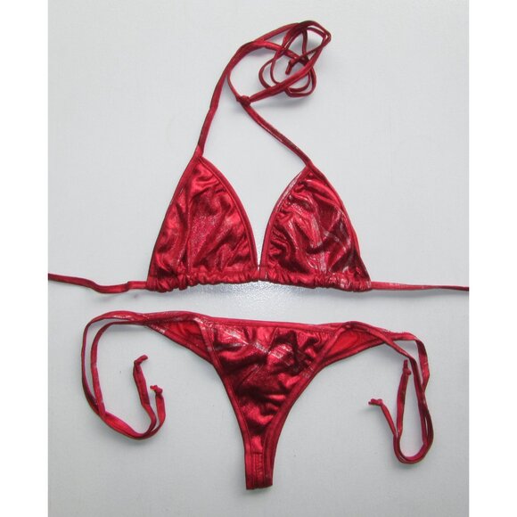 Red Metallic String Thong Scrunch Butt Bikini - NEW - Picture 1 of 5
